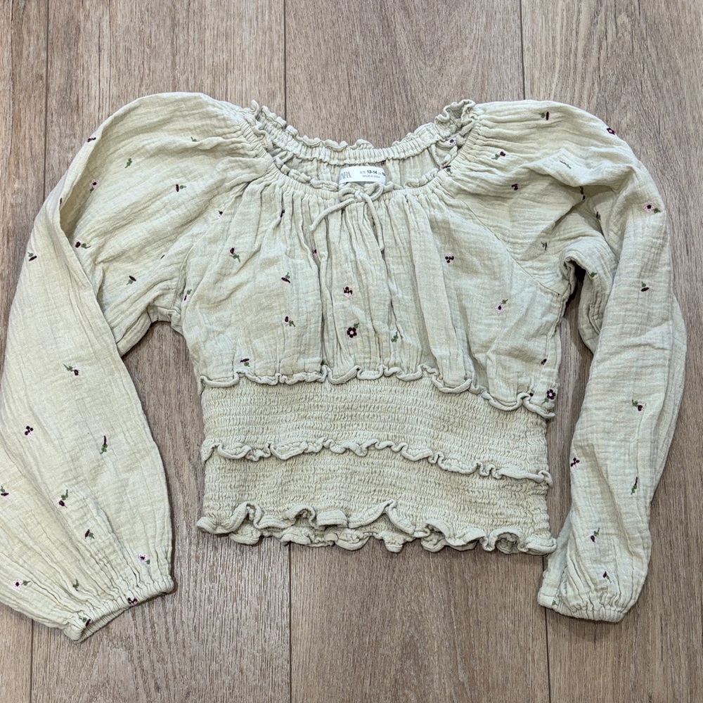 Zara Beige Smocked Blouse with Floral Embroidery